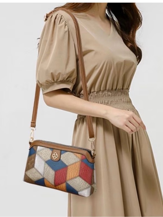 Temu Handbags - Patterned Geometric Crossbody Bag with Brown Trim